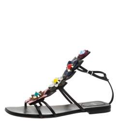 Fendi Multicolor Leather Flowerland Ankle Strap Gladiator Flat Sandals Size 38