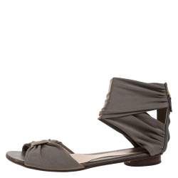 Fendi Grey Stretch Fabric Ankle Wrap Flat Sandals Size 36.5