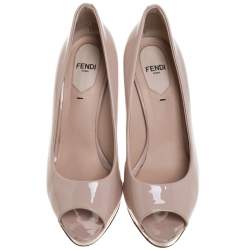 Pre Owned Fendi Beige Patent Leather Peep Toe Platform Pumps Size 37.5