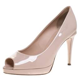 Pre Owned Fendi Beige Patent Leather Peep Toe Platform Pumps Size 37.5