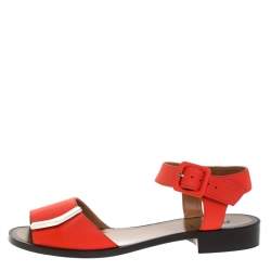 Pre Owned Fendi Orange Leather Ankle Strap Flat Sandals Size 36