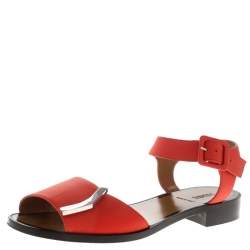Pre Owned Fendi Orange Leather Ankle Strap Flat Sandals Size 36