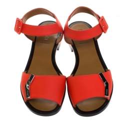 Pre Owned Fendi Orange Leather Ankle Strap Flat Sandals Size 36