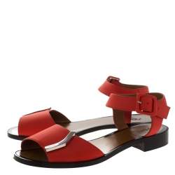 Pre Owned Fendi Orange Leather Ankle Strap Flat Sandals Size 36