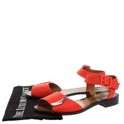 Pre Owned Fendi Orange Leather Ankle Strap Flat Sandals Size 36
