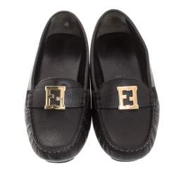 Pre Owned Fendi Black Saffiano Leather Logo Loafers Size 36
