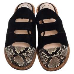 Pre Owned Fendi Black Suede And Python Cut Out Flat Slides Size 40