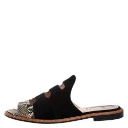 Pre Owned Fendi Black Suede And Python Cut Out Flat Slides Size 40