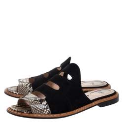 Pre Owned Fendi Black Suede And Python Cut Out Flat Slides Size 40