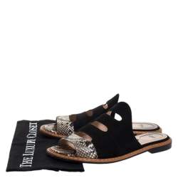 Pre Owned Fendi Black Suede And Python Cut Out Flat Slides Size 40