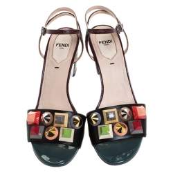 Pre Owned Fendi Multicolor Lizard Embossed And Leather Fantasia Studded Ankle Strap Sandals Size 37.5