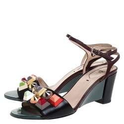 Pre Owned Fendi Multicolor Lizard Embossed And Leather Fantasia Studded Ankle Strap Sandals Size 37.5