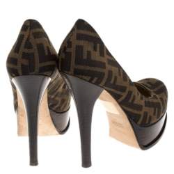 Pre Owned Fendi Tobacco Zucca Canvas Fendista Platform Pumps Size 37
