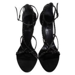 Pre Owned Fendi Black Leather White Stitch And Metal Chain Detail Strappy Sandals Size 39.5