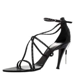 Pre Owned Fendi Black Leather White Stitch And Metal Chain Detail Strappy Sandals Size 39.5