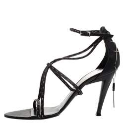 Pre Owned Fendi Black Leather White Stitch And Metal Chain Detail Strappy Sandals Size 39.5