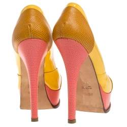 Pre Owned Fendi Tricolor Embossed Lizard Leather Fendista Peep Toe Platform Pumps Size 38.5