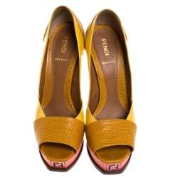 Pre Owned Fendi Tricolor Embossed Lizard Leather Fendista Peep Toe Platform Pumps Size 38.5