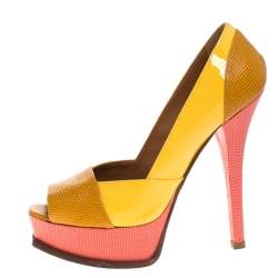 Pre Owned Fendi Tricolor Embossed Lizard Leather Fendista Peep Toe Platform Pumps Size 38.5