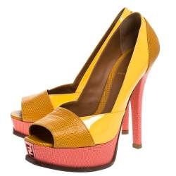 Pre Owned Fendi Tricolor Embossed Lizard Leather Fendista Peep Toe Platform Pumps Size 38.5