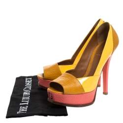 Pre Owned Fendi Tricolor Embossed Lizard Leather Fendista Peep Toe Platform Pumps Size 38.5