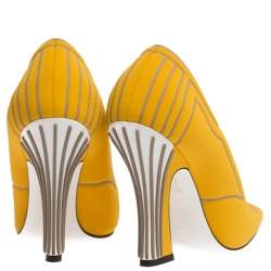 Pre Owned Fendi Yellow/Grey Neoprene And Rubber Square Toe Ffreedom Pumps Size 37