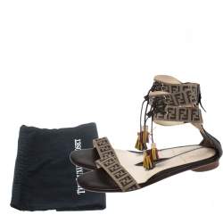 Pre Owned Fendi Brown Zucca Coated Canvas Tassel Open Toe Ankle Wrap Sandals Size 38