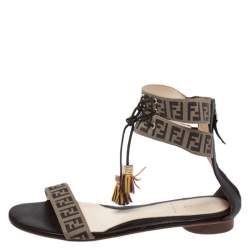 Pre Owned Fendi Brown Zucca Coated Canvas Tassel Open Toe Ankle Wrap Sandals Size 38