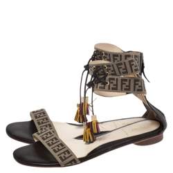 Pre Owned Fendi Brown Zucca Coated Canvas Tassel Open Toe Ankle Wrap Sandals Size 38