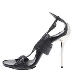 Pre Owned Fendi Black Leather Open Toe Metal Heel Sandals Size 37.5
