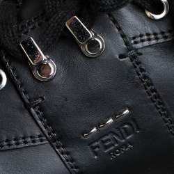 Fendi Black Leather And Fur Trim Lace Up Ankle Boots Size 39