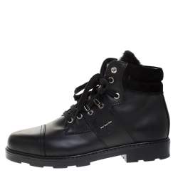 Fendi Black Leather And Fur Trim Lace Up Ankle Boots Size 39