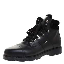 Fendi Black Leather And Fur Trim Lace Up Ankle Boots Size 39