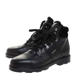 Fendi Black Leather And Fur Trim Lace Up Ankle Boots Size 39