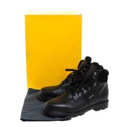 Fendi Black Leather And Fur Trim Lace Up Ankle Boots Size 39