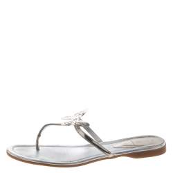 Pre Owned Fendi Metallic Silver Leather Butterfly Embellished Thong Sandals Size 38.5