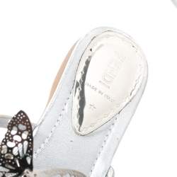 Pre Owned Fendi Metallic Silver Leather Butterfly Embellished Thong Sandals Size 38.5