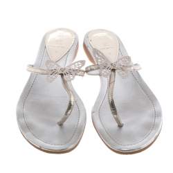 Pre Owned Fendi Metallic Silver Leather Butterfly Embellished Thong Sandals Size 38.5