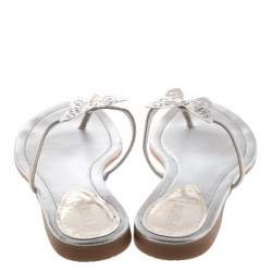 Pre Owned Fendi Metallic Silver Leather Butterfly Embellished Thong Sandals Size 38.5