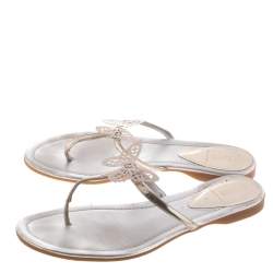 Pre Owned Fendi Metallic Silver Leather Butterfly Embellished Thong Sandals Size 38.5
