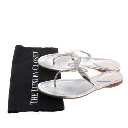 Pre Owned Fendi Metallic Silver Leather Butterfly Embellished Thong Sandals Size 38.5