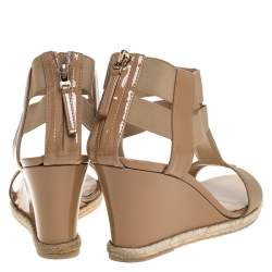 Pre Owned Fendi Beige Patent Leather T-Strap Espadrille Wedge Sandals Size 37.5