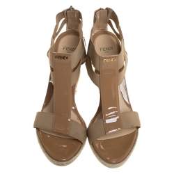 Pre Owned Fendi Beige Patent Leather T-Strap Espadrille Wedge Sandals Size 37.5