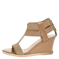 Pre Owned Fendi Beige Patent Leather T-Strap Espadrille Wedge Sandals Size 37.5