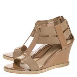 Pre Owned Fendi Beige Patent Leather T-Strap Espadrille Wedge Sandals Size 37.5