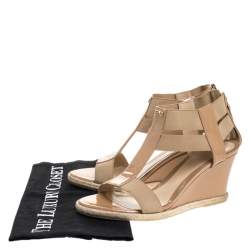 Pre Owned Fendi Beige Patent Leather T-Strap Espadrille Wedge Sandals Size 37.5