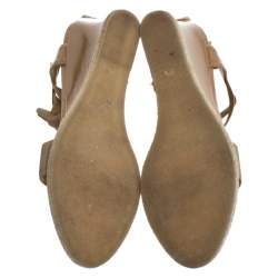 Pre Owned Fendi Beige Patent Leather T-Strap Espadrille Wedge Sandals Size 37.5