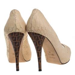Pre Owned Fendi Beige Python Zucchino Heel Peep Toe Pumps Size 38