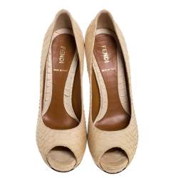 Pre Owned Fendi Beige Python Zucchino Heel Peep Toe Pumps Size 38