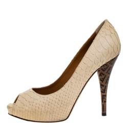 Pre Owned Fendi Beige Python Zucchino Heel Peep Toe Pumps Size 38